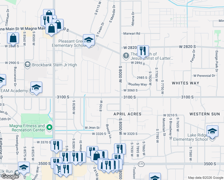 map of restaurants, bars, coffee shops, grocery stores, and more near 3080 South 8000 West in Magna