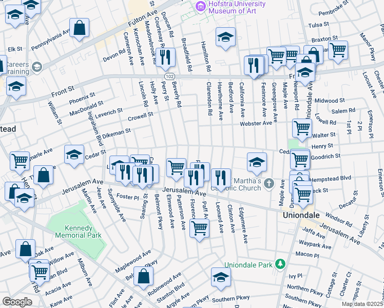 map of restaurants, bars, coffee shops, grocery stores, and more near 157 Rutland Road in Hempstead