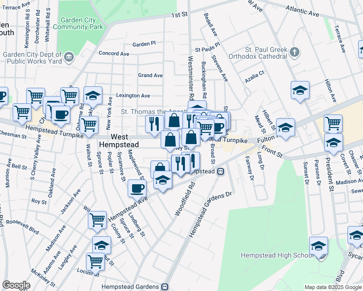 map of restaurants, bars, coffee shops, grocery stores, and more near 144 Oak Street in West Hempstead