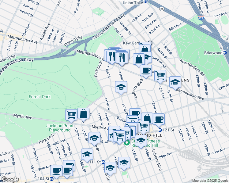 map of restaurants, bars, coffee shops, grocery stores, and more near 8386 116th Street in Queens