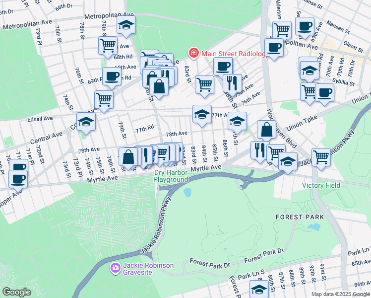 map of restaurants, bars, coffee shops, grocery stores, and more near 78-56 83rd Street in Queens