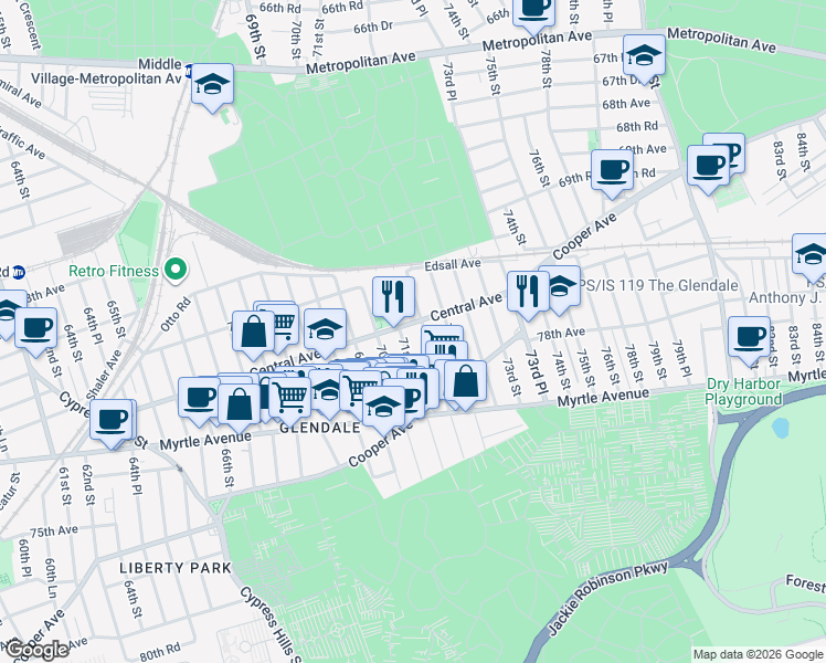 map of restaurants, bars, coffee shops, grocery stores, and more near 71-20 71st Street in Queens