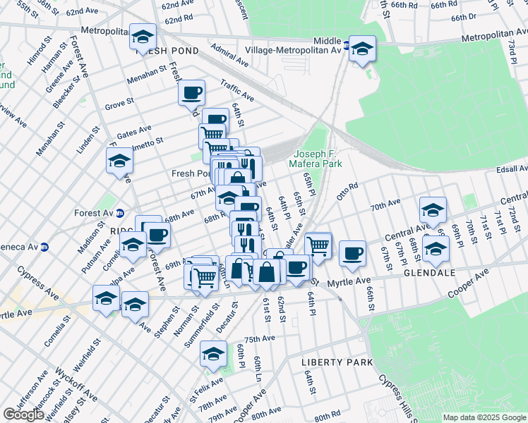 map of restaurants, bars, coffee shops, grocery stores, and more near 6865 Fresh Pond Road in Queens