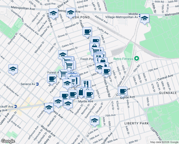 map of restaurants, bars, coffee shops, grocery stores, and more near 60-27 68th Road in Queens