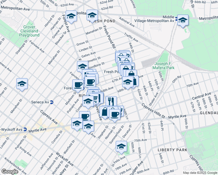 map of restaurants, bars, coffee shops, grocery stores, and more near 60-27 68th Road in Queens