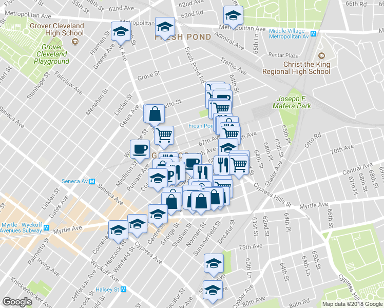 map of restaurants, bars, coffee shops, grocery stores, and more near 60-27 68th Road in Queens