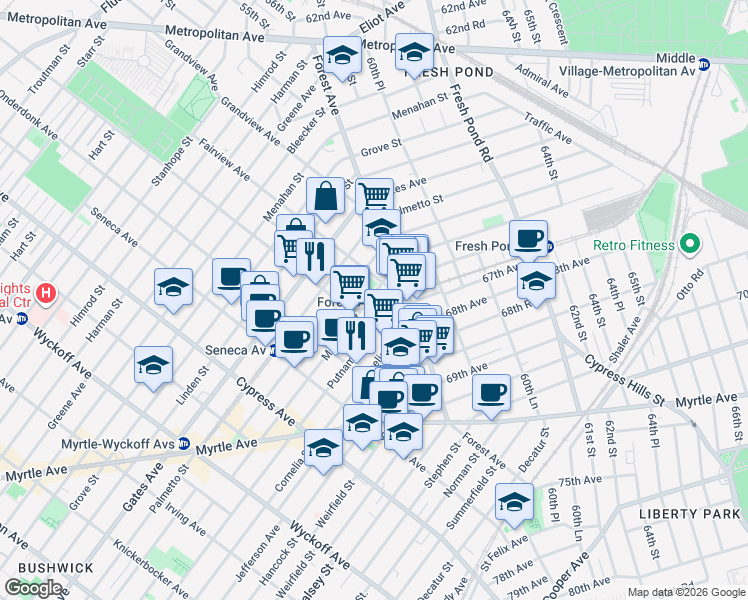 map of restaurants, bars, coffee shops, grocery stores, and more near in Queens