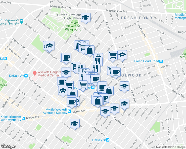 map of restaurants, bars, coffee shops, grocery stores, and more near 1827 Gates Avenue in Queens