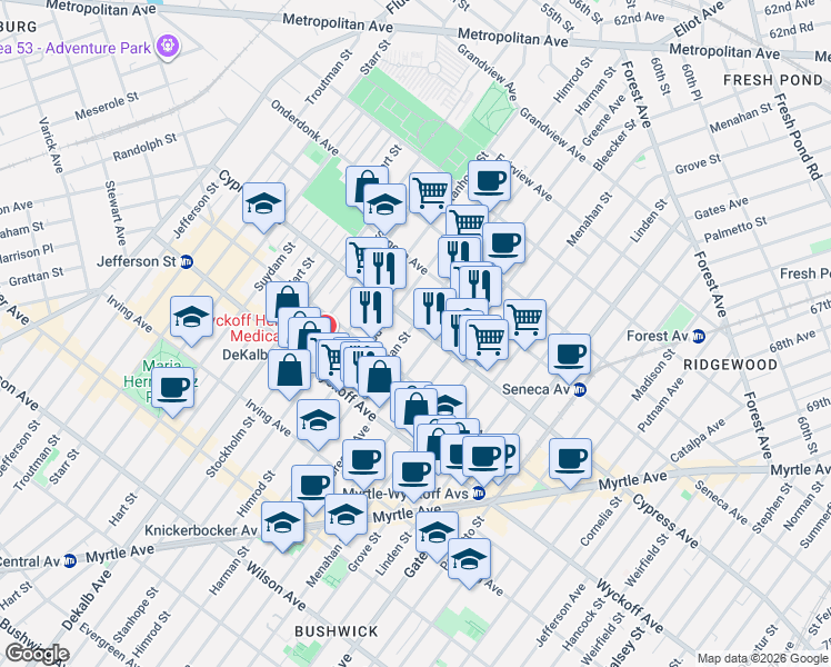 map of restaurants, bars, coffee shops, grocery stores, and more near 1519 Greene Avenue in Brooklyn