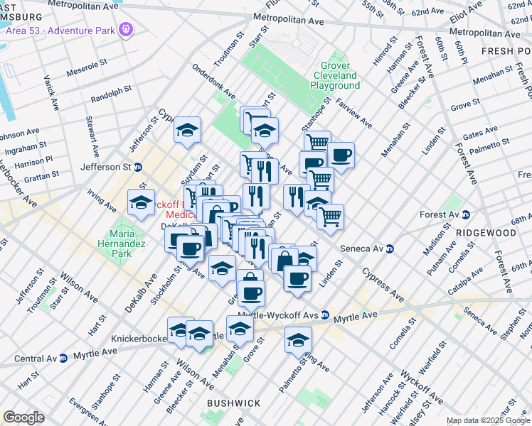 map of restaurants, bars, coffee shops, grocery stores, and more near 187 Saint Nicholas Avenue in Brooklyn