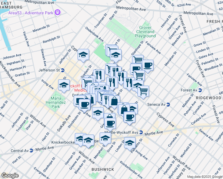 map of restaurants, bars, coffee shops, grocery stores, and more near 187 Saint Nicholas Avenue in Brooklyn