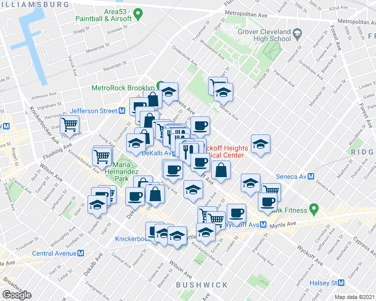 map of restaurants, bars, coffee shops, grocery stores, and more near in Brooklyn