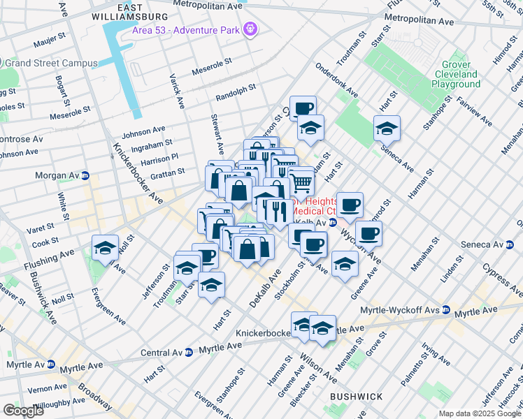 map of restaurants, bars, coffee shops, grocery stores, and more near 92 Irving Avenue in Brooklyn
