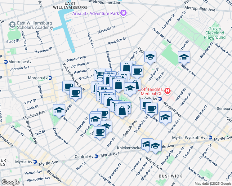 map of restaurants, bars, coffee shops, grocery stores, and more near 163 Starr Street in Brooklyn