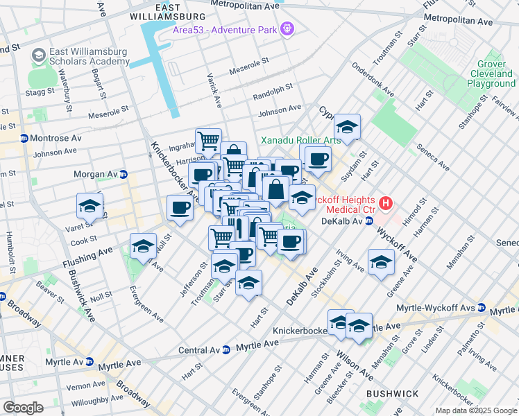 map of restaurants, bars, coffee shops, grocery stores, and more near 272 1/2 Jefferson Street in Brooklyn