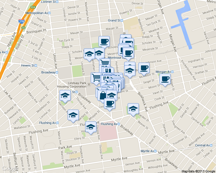 map of restaurants, bars, coffee shops, grocery stores, and more near 69 Moore Street in Brooklyn
