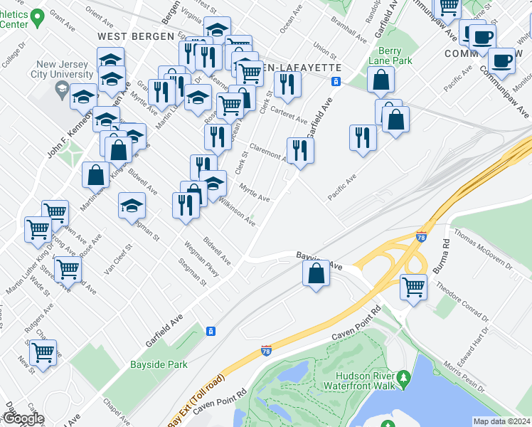 map of restaurants, bars, coffee shops, grocery stores, and more near 12 Wilkinson Avenue in Jersey City