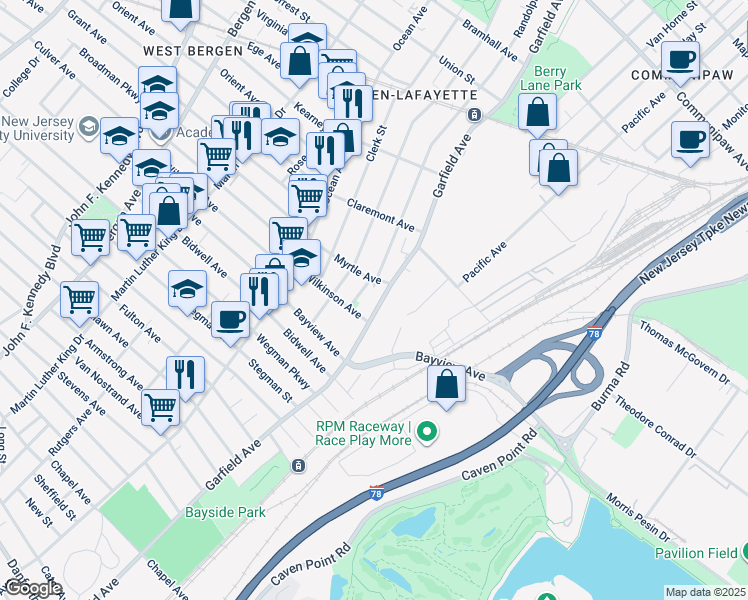 map of restaurants, bars, coffee shops, grocery stores, and more near 12 Wilkinson Avenue in Jersey City