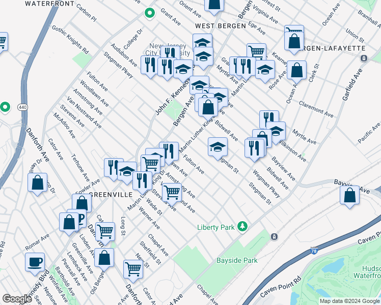 map of restaurants, bars, coffee shops, grocery stores, and more near 175 Dwight Street in Jersey City