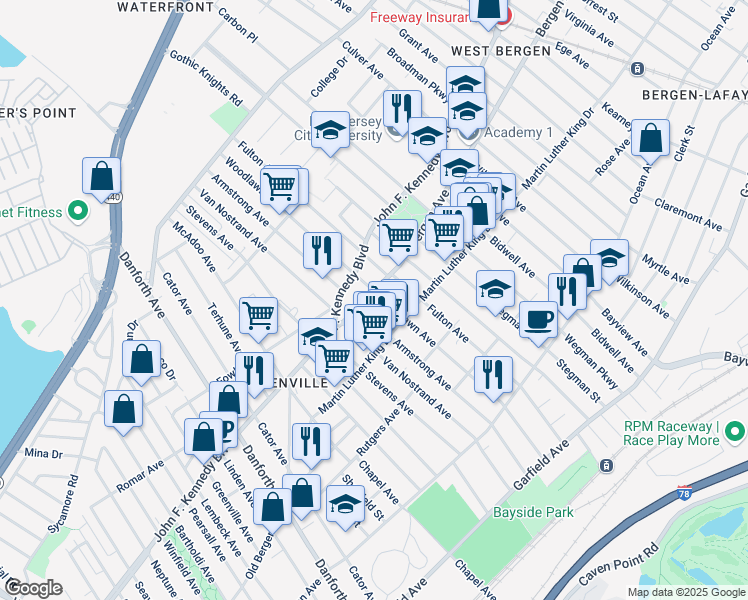 map of restaurants, bars, coffee shops, grocery stores, and more near 189 Woodlawn Avenue in Jersey City