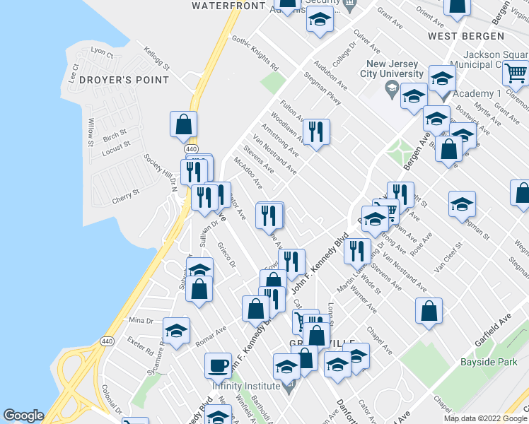 map of restaurants, bars, coffee shops, grocery stores, and more near 95 Terhune Avenue in Jersey City