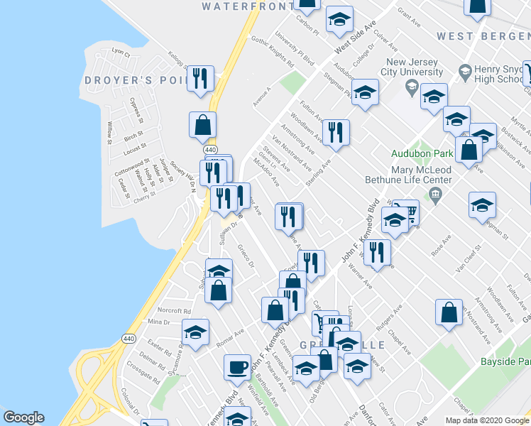 map of restaurants, bars, coffee shops, grocery stores, and more near 371 Cator Avenue in Jersey City