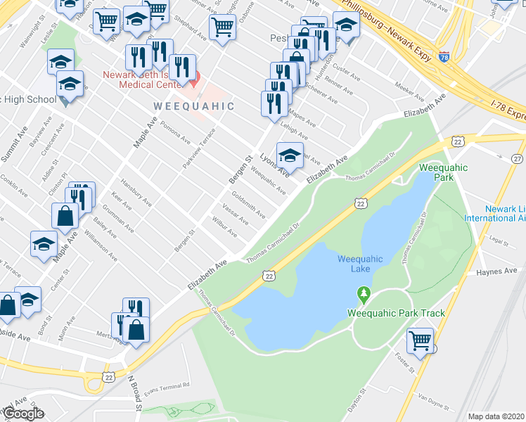 map of restaurants, bars, coffee shops, grocery stores, and more near 705-711 Elizabeth Avenue in Newark