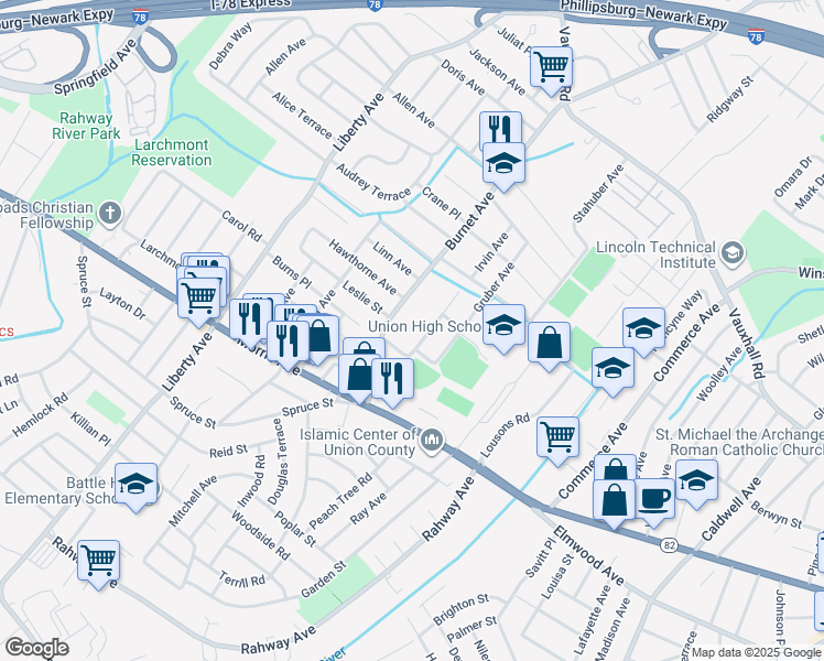 map of restaurants, bars, coffee shops, grocery stores, and more near 1068 Elker Road in Union