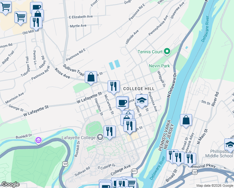 map of restaurants, bars, coffee shops, grocery stores, and more near 620 Porter Street in Easton