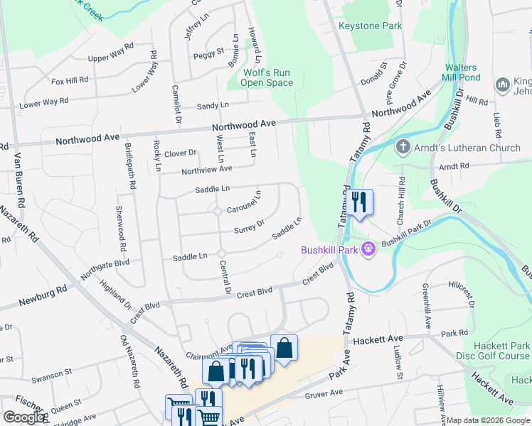 map of restaurants, bars, coffee shops, grocery stores, and more near 50 Surrey Drive in Easton