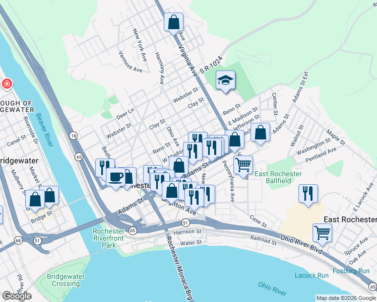map of restaurants, bars, coffee shops, grocery stores, and more near 381 Jefferson Street in Rochester