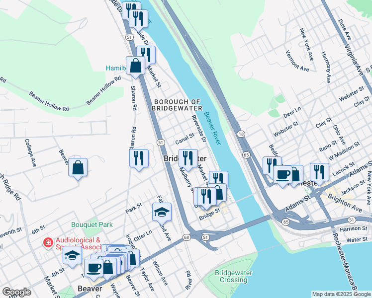 map of restaurants, bars, coffee shops, grocery stores, and more near in Bridgewater