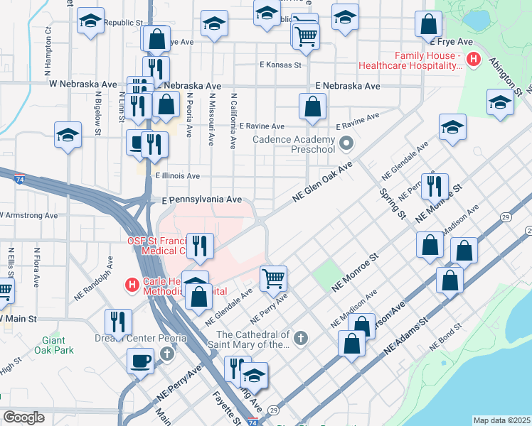 map of restaurants, bars, coffee shops, grocery stores, and more near 815 Northeast Glen Oak Avenue in Peoria