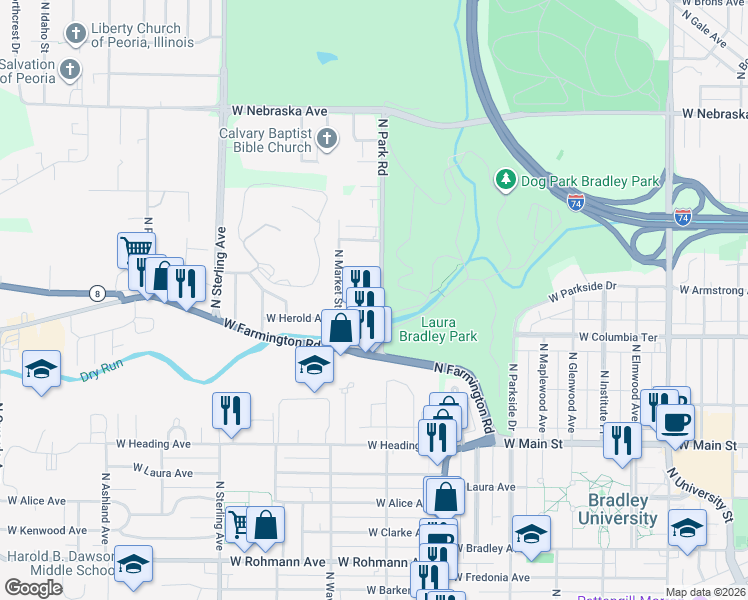 map of restaurants, bars, coffee shops, grocery stores, and more near 2120 W Colorado St in West Peoria
