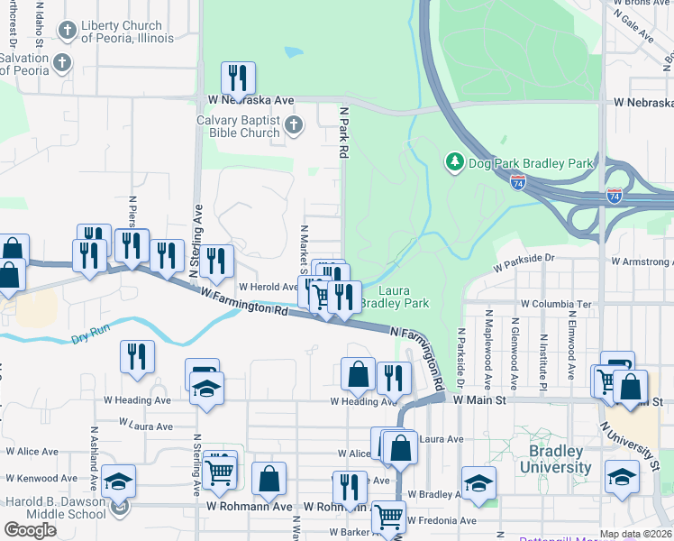 map of restaurants, bars, coffee shops, grocery stores, and more near 2120 W Colorado St in West Peoria