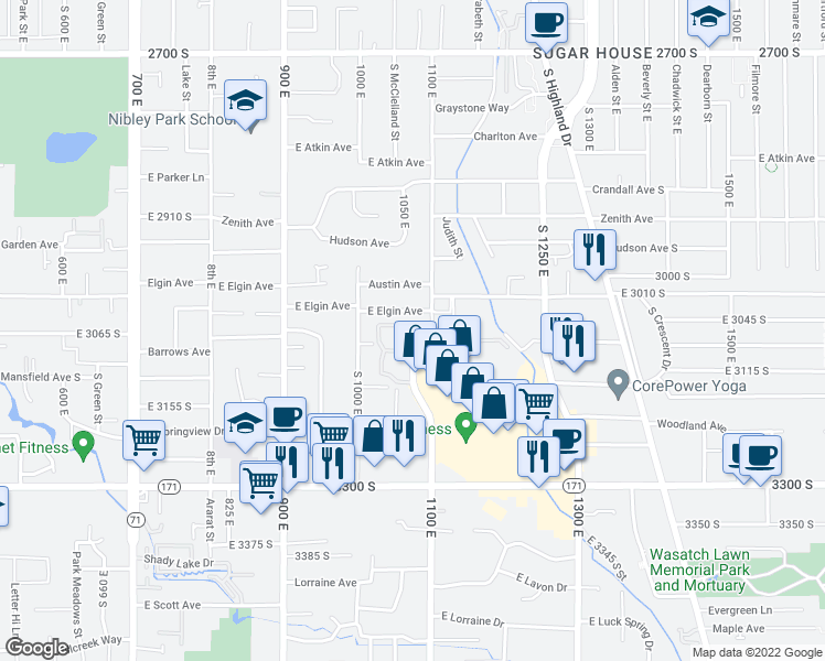 map of restaurants, bars, coffee shops, grocery stores, and more near 1151 Brickyard Road in Millcreek