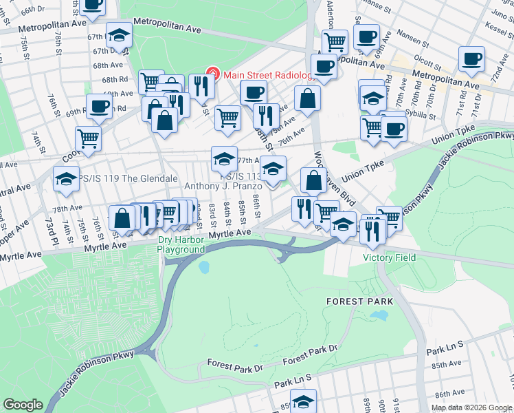 map of restaurants, bars, coffee shops, grocery stores, and more near in Queens