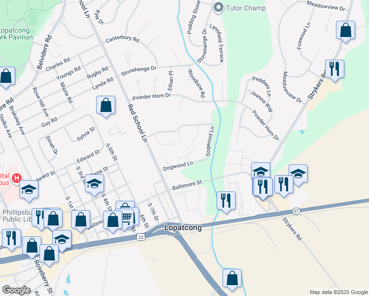 map of restaurants, bars, coffee shops, grocery stores, and more near 225 Red School Lane in Phillipsburg