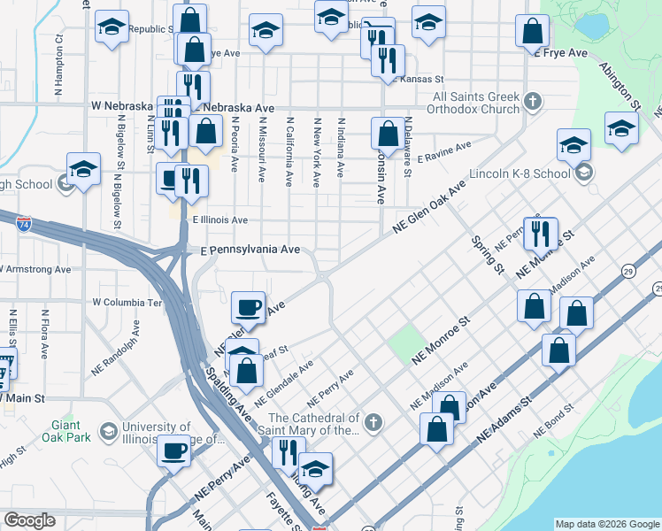 map of restaurants, bars, coffee shops, grocery stores, and more near 815 Northeast Glen Oak Avenue in Peoria