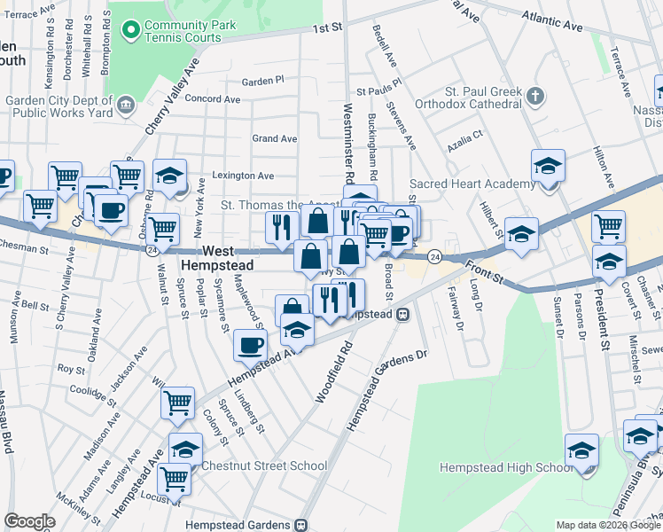 map of restaurants, bars, coffee shops, grocery stores, and more near 144 Oak Street in West Hempstead