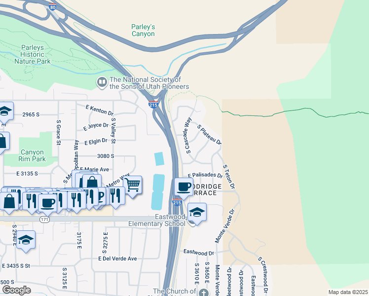 map of restaurants, bars, coffee shops, grocery stores, and more near 3060 South Cascade Way in Salt Lake City