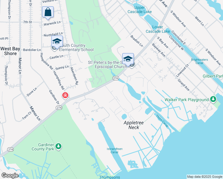 map of restaurants, bars, coffee shops, grocery stores, and more near 188 Captains Way in Bay Shore