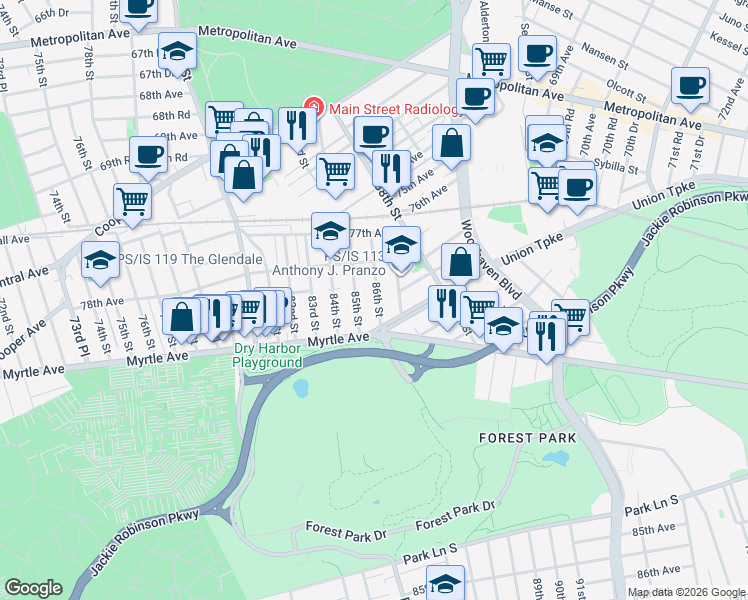 map of restaurants, bars, coffee shops, grocery stores, and more near in Queens