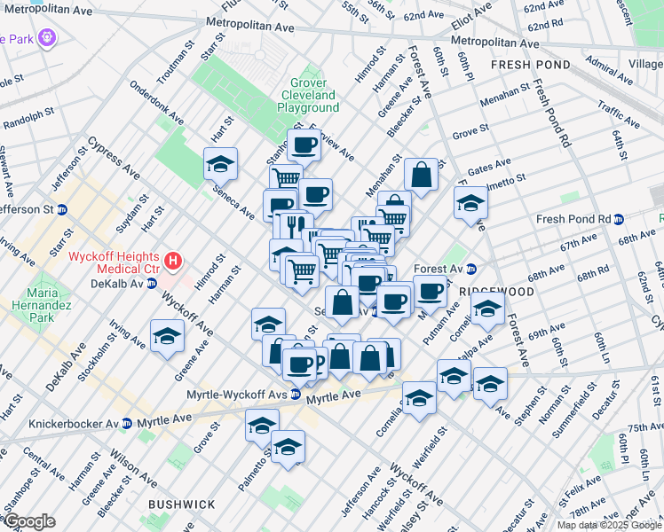 map of restaurants, bars, coffee shops, grocery stores, and more near 6-05 Seneca Avenue in Queens