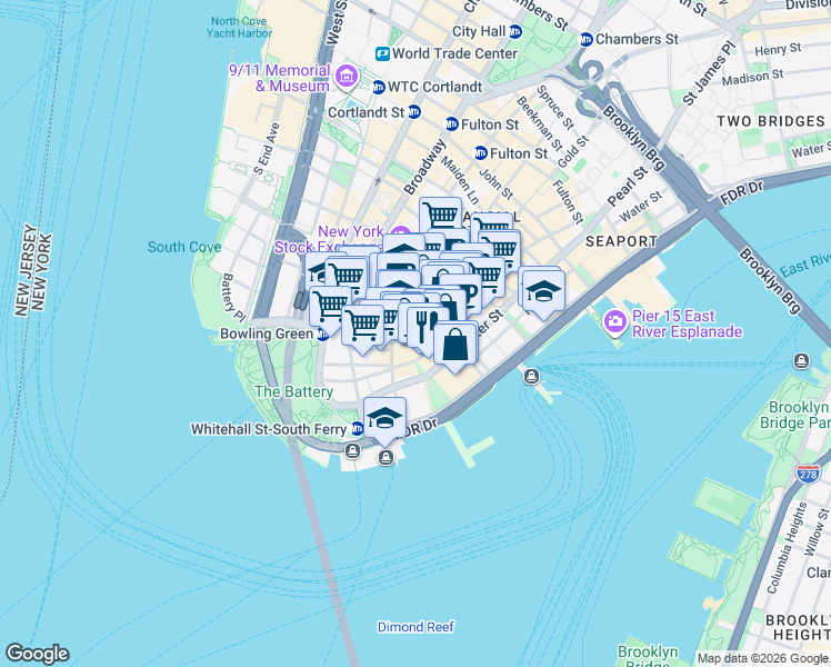 map of restaurants, bars, coffee shops, grocery stores, and more near 14 South William Street in New York