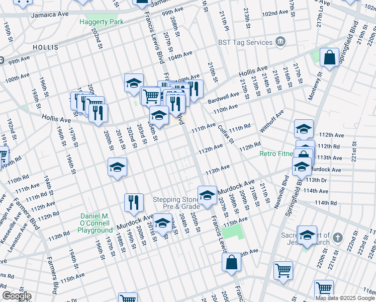 map of restaurants, bars, coffee shops, grocery stores, and more near 205-24 112th Avenue in Queens