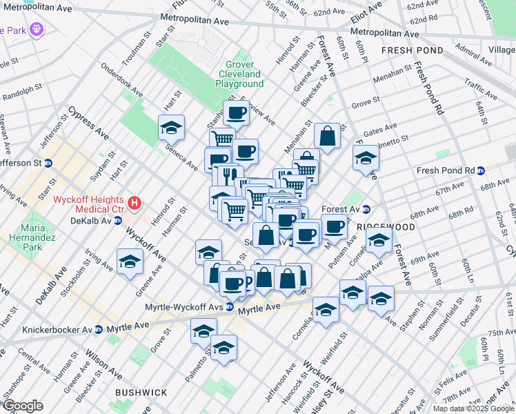 map of restaurants, bars, coffee shops, grocery stores, and more near 6-05 Seneca Avenue in Queens