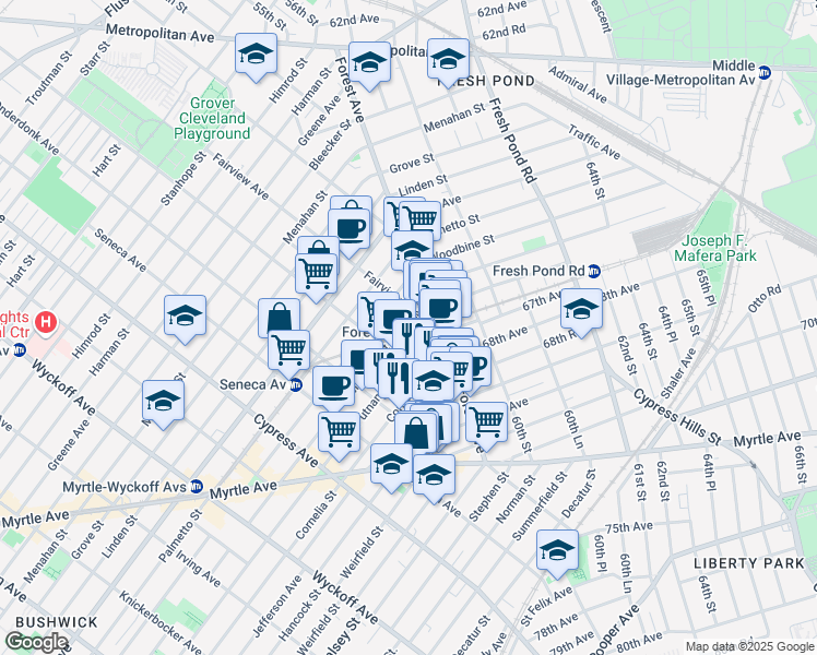 map of restaurants, bars, coffee shops, grocery stores, and more near 19-26 Madison Street in Queens
