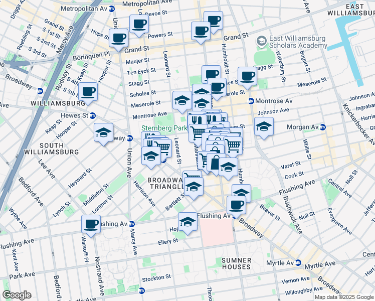 map of restaurants, bars, coffee shops, grocery stores, and more near 29 Leonard Street in Brooklyn