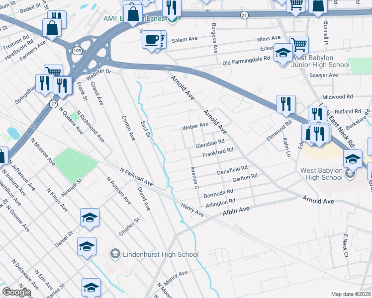 map of restaurants, bars, coffee shops, grocery stores, and more near 218 Avenue C in West Babylon